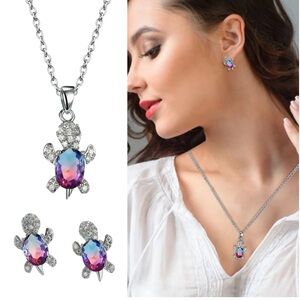 TURTLES Crystal Bling Pink & Purple 3 pc Silver Necklace and Earring Set…